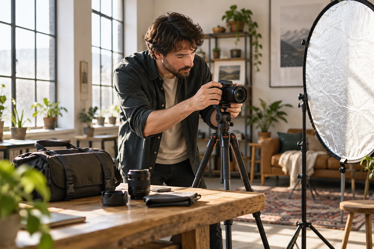 Aydınlık stüdyoda kamera, tripod ve yansıtıcıyı kontrol eden film üreticisi