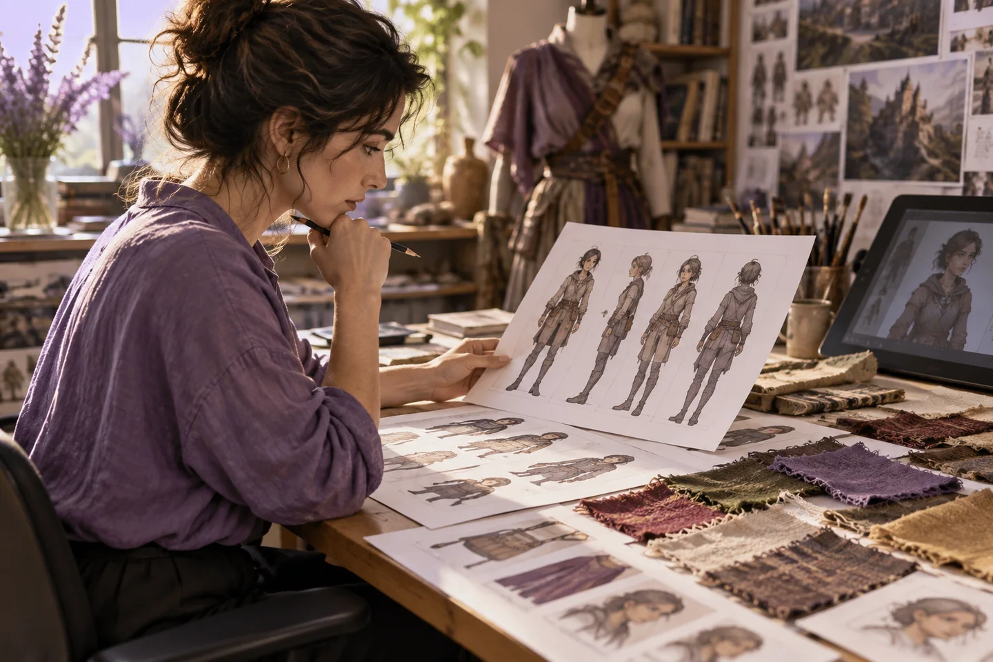 Karakter çizimleri ve kumaş örneklerini inceleyen sanat yönetmeni