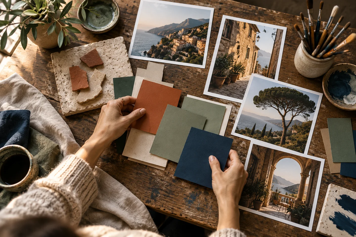 Renk kartelaları ve fotoğraf baskıları düzenlenen tasarım masası