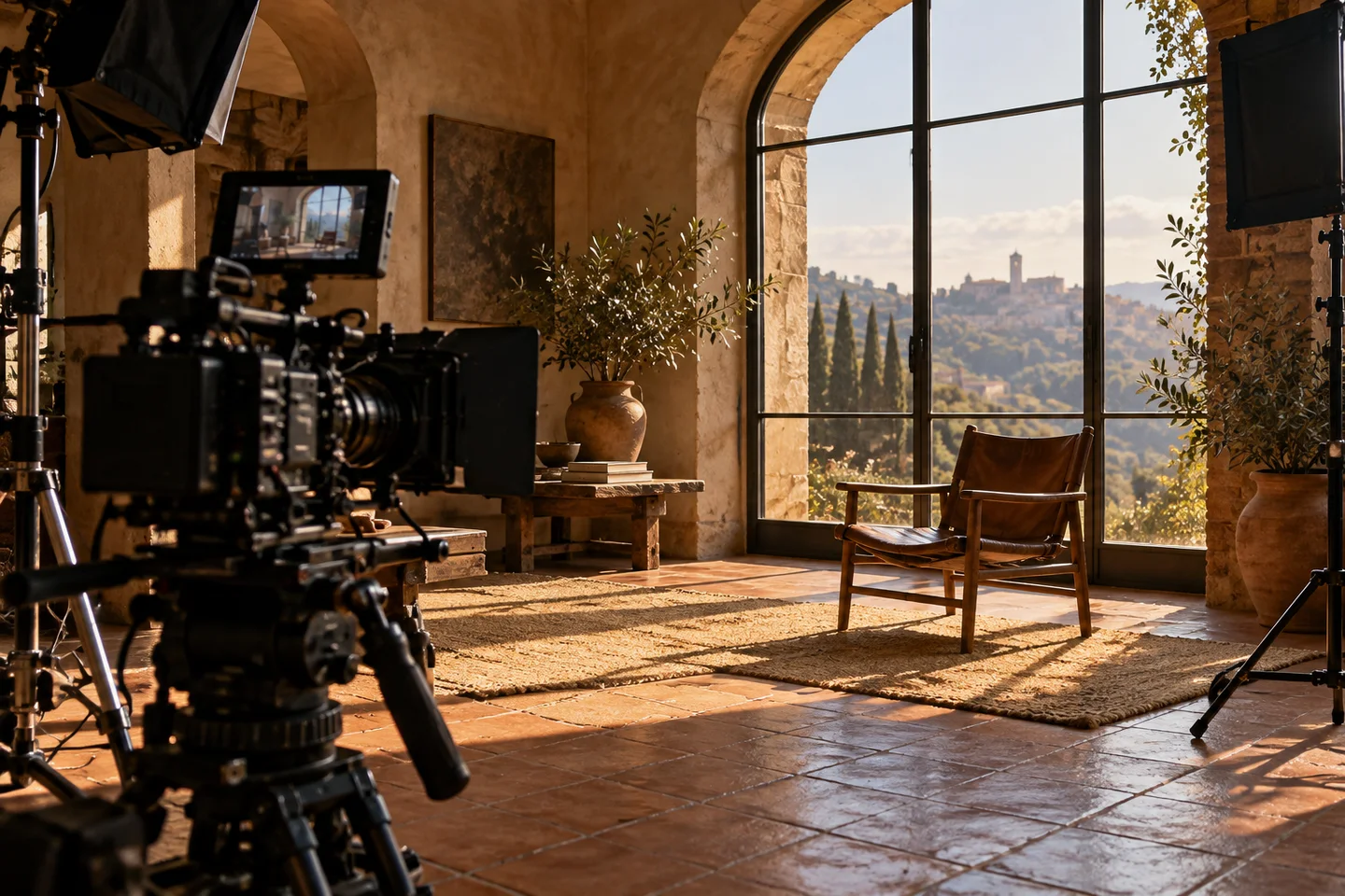 Pencere ışığı alan küçük bir film setinde kamera ve sandalye