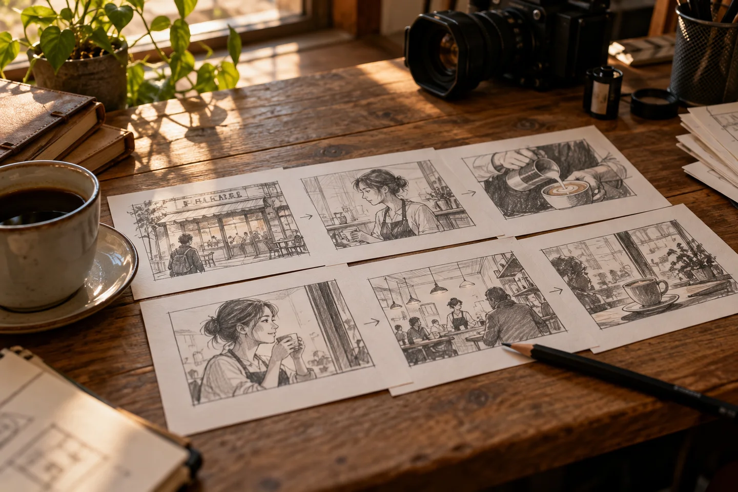 Storyboard kartları, kalem ve kahve bulunan bir film geliştirme masası